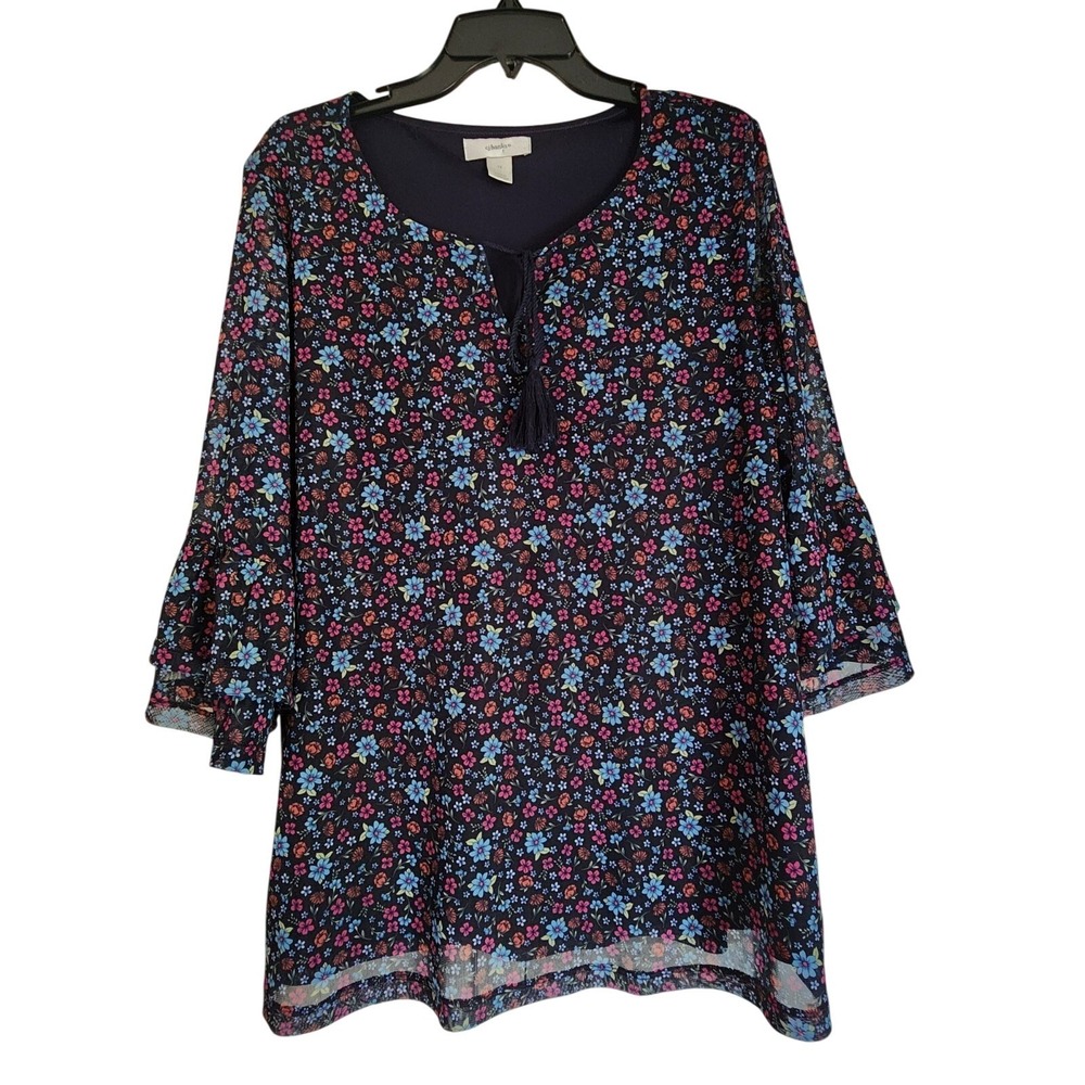 CJ Banks Womens 1X Floral Tassel Tie Blouse Sheer Navy Pink Boho Top 3/4 Sleeve